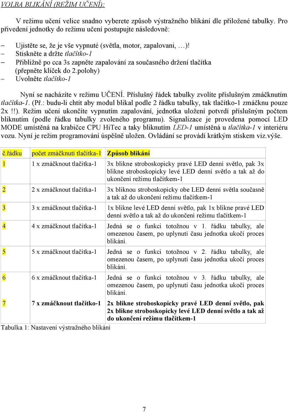 Stiskněte a držte tlačítko-1 Přibližně po cca 3s zapněte zapalování za současného držení tlačítka (přepněte klíček do 2.polohy) Uvolněte tlačítko-1 Nyní se nacházíte v režimu UČENÍ.