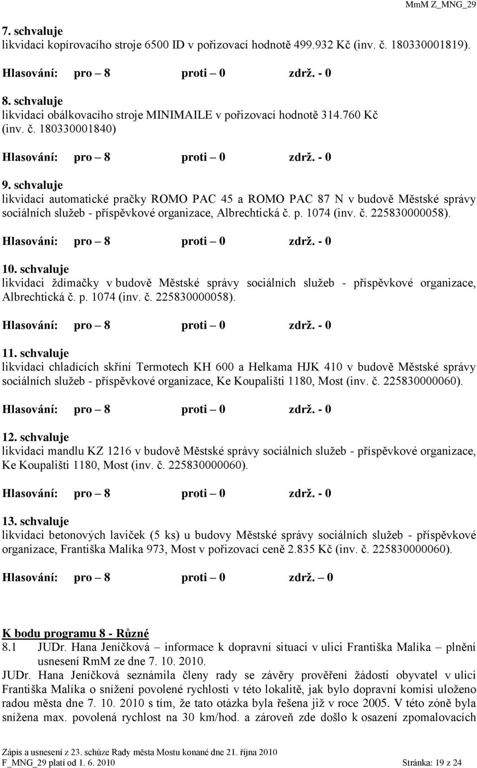 4 (inv. č. 225830000058). 10. schvaluje likvidaci ţdímačky v budově Městské správy sociálních sluţeb - příspěvkové organizace, Albrechtická č. p. 1074 (inv. č. 225830000058). 11.