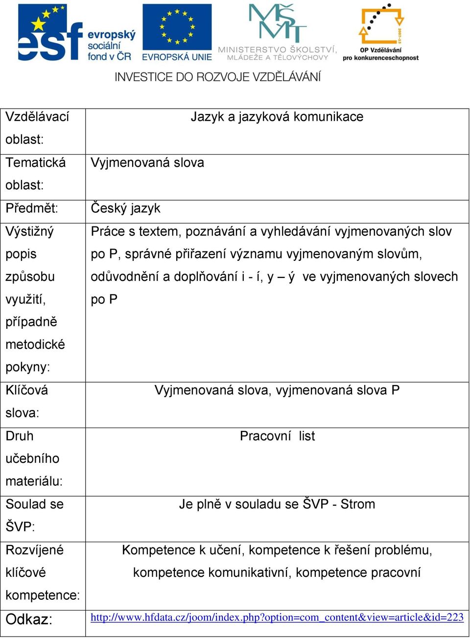 významu vyjmenovaným slovům, odůvodnění a doplňování i - í, y ý ve vyjmenovaných slovech po P Vyjmenovaná slova, vyjmenovaná slova P Pracovní list Je plně v souladu se ŠVP