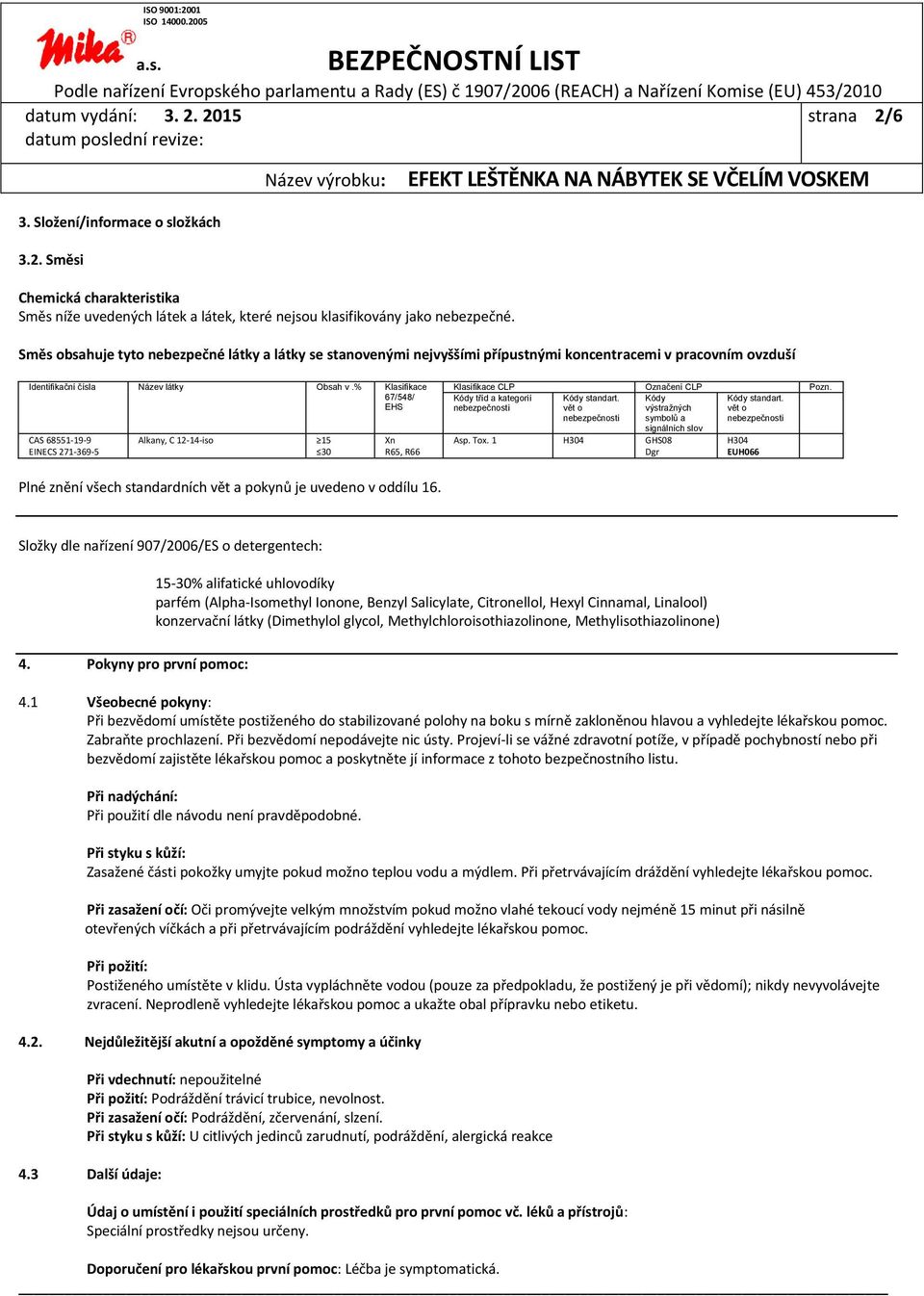 % Klasifikace 67/548/ EHS CAS 68551-19-9 EINECS 271-369-5 Alkany, C 12-14-iso 15 30 Xn R65, R66 Klasifikace CLP Označení CLP Pozn. Kódy tříd a kategorií nebezpečnosti Kódy standart.