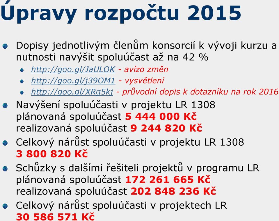 gl/xrg5kj - průvodní dopis k dotazníku na rok 2016 Navýšení spoluúčasti v projektu LR 1308 plánovaná spoluúčast 5 444 000 Kč realizovaná spoluúčast