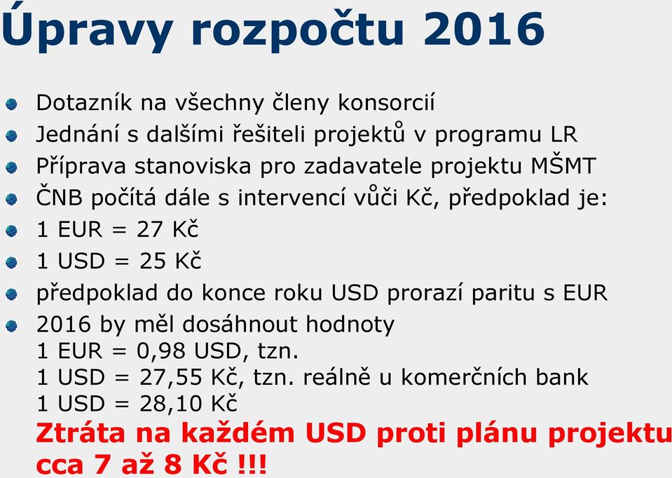25 Kč předpoklad do konce roku USD prorazí paritu s EUR 2016 by měl dosáhnout hodnoty 1 EUR = 0,98 USD, tzn.
