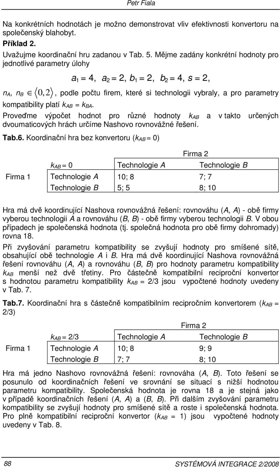 a 1 = 4, a 2 = 2, b 1 = 2, b 2 = 4, = 2,, podle počtu firem, které i technologii vybraly, a pro parametry Proveďme výpočet hodnot pro různé hodnoty k AB a v takto určených dvoumaticových hrách určíme