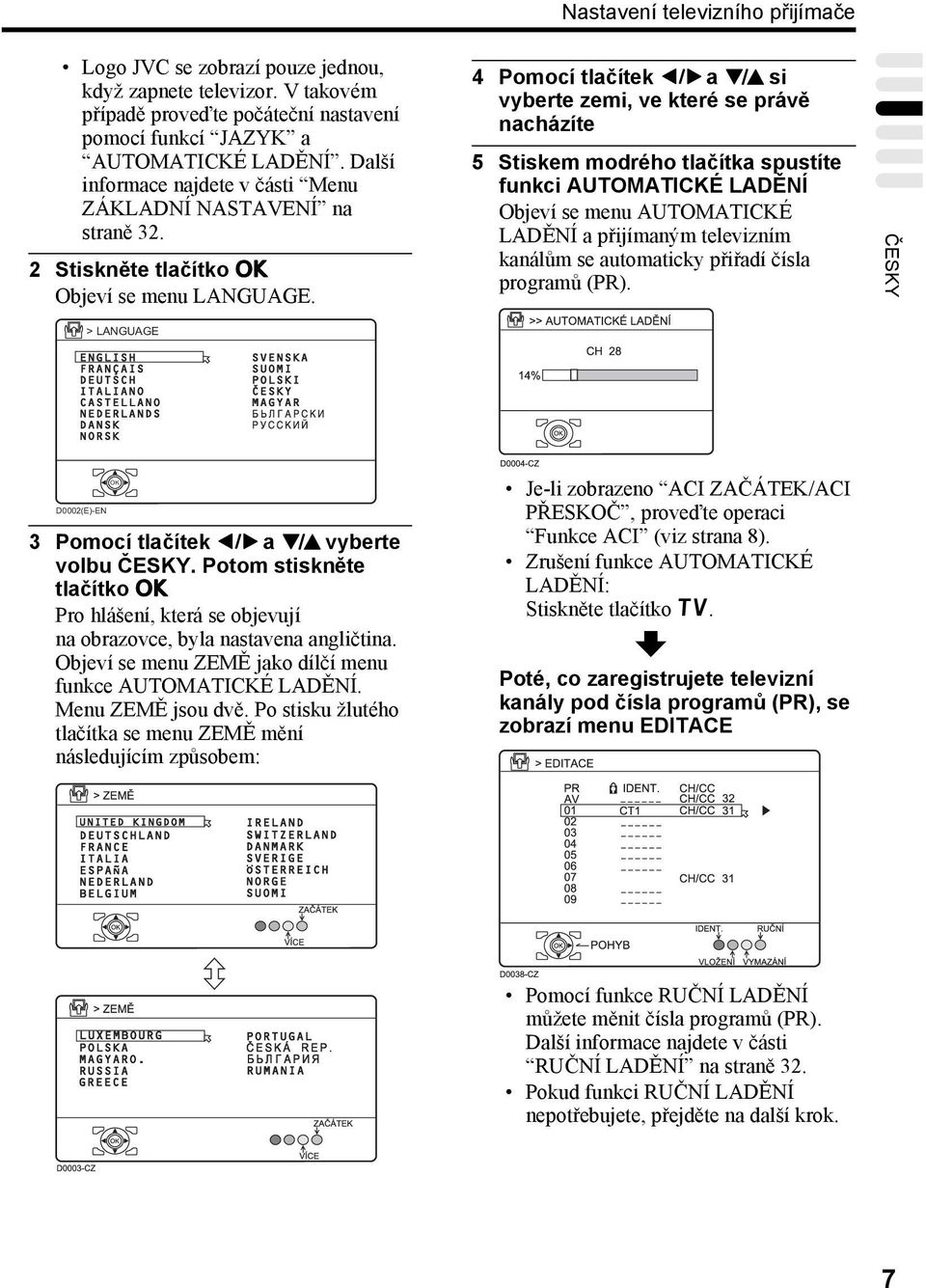 4 Pomocí tlačítek 5 a 6 si vyberte zemi, ve které se právě nacházíte 5 Stiskem modrého tlačítka spustíte funkci AUTOMATICKÉ ADĚNÍ Objeví se menu AUTOMATICKÉ ADĚNÍ a přijímaným televizním kanálům se