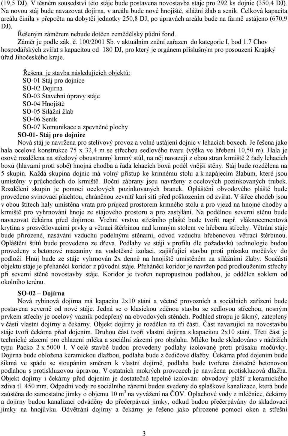 č. 100/2001 Sb. v aktuálním znění zařazen do kategorie I, bod 1.7 Chov hospodářských zvířat s kapacitou od 180 DJ, pro který je orgánem příslušným pro posouzení Krajský úřad Jihočeského kraje.