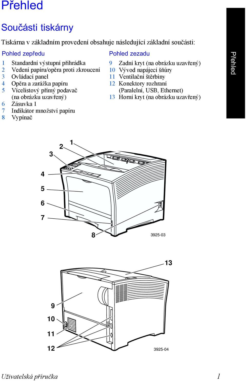Indikátor množství papíru 8 Vypínač Pohled zezadu 9 Zadní kryt (na obrázku uzavřený) 10 Vývod napájecí šňůry 11 Ventilační štěrbiny 12 Konektory