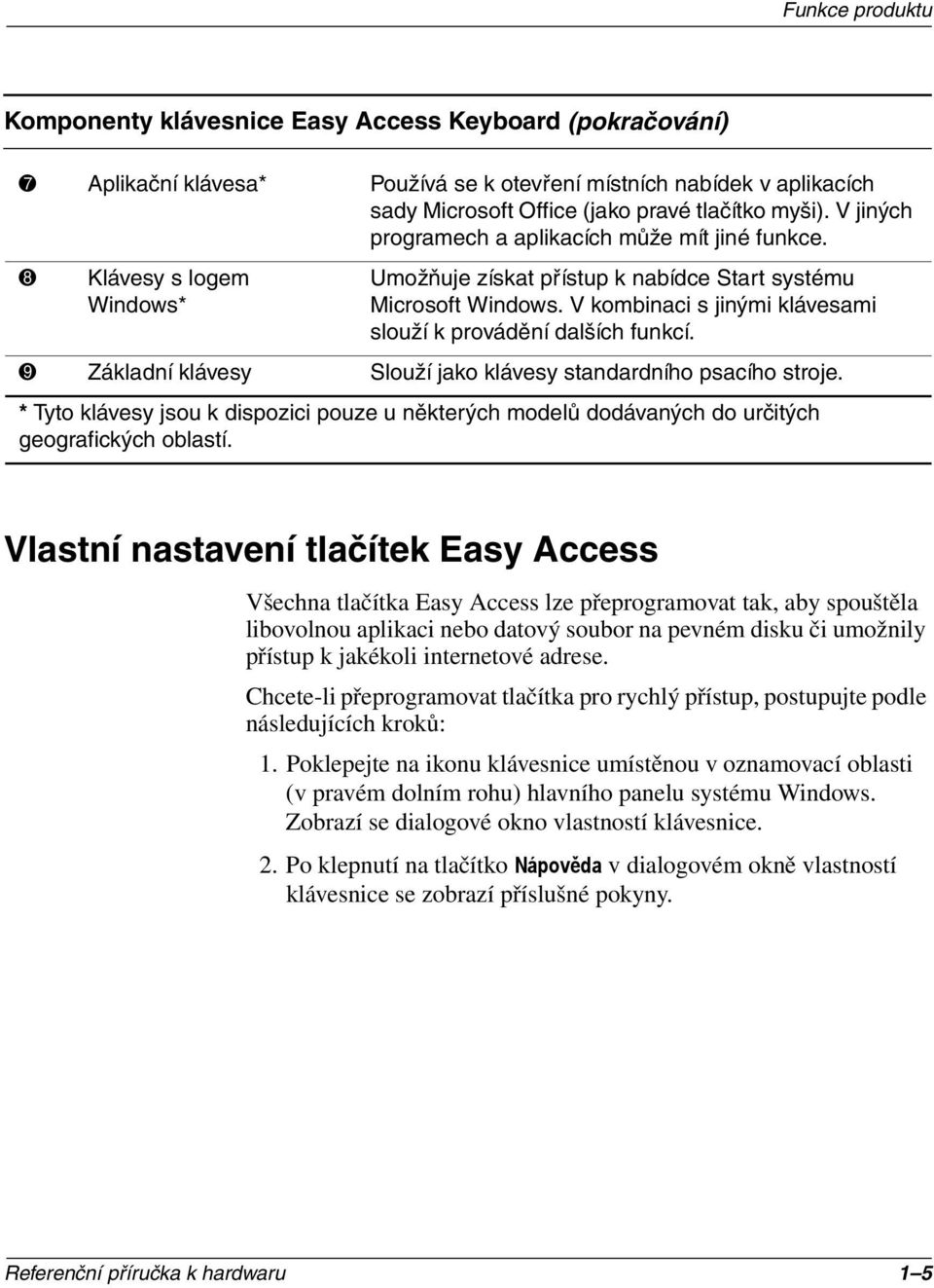 V kombinaci s jinými klávesami slouží k provádění dalších funkcí. 9 Základní klávesy Slouží jako klávesy standardního psacího stroje.