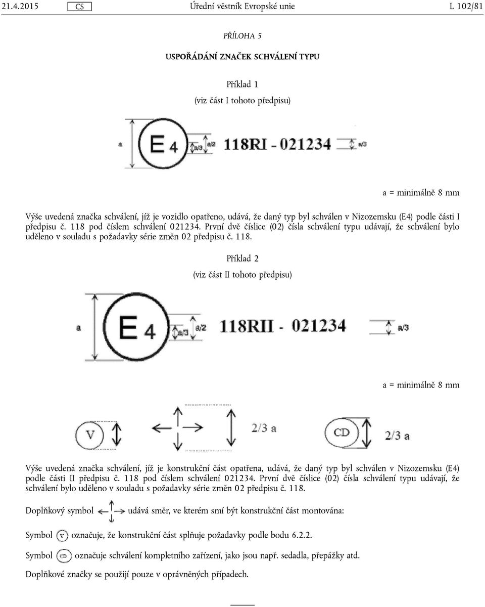 První dvě číslice (02) čísla schválení typu udávají, že schválení bylo uděleno v souladu s požadavky série změn 02 předpisu č. 118.
