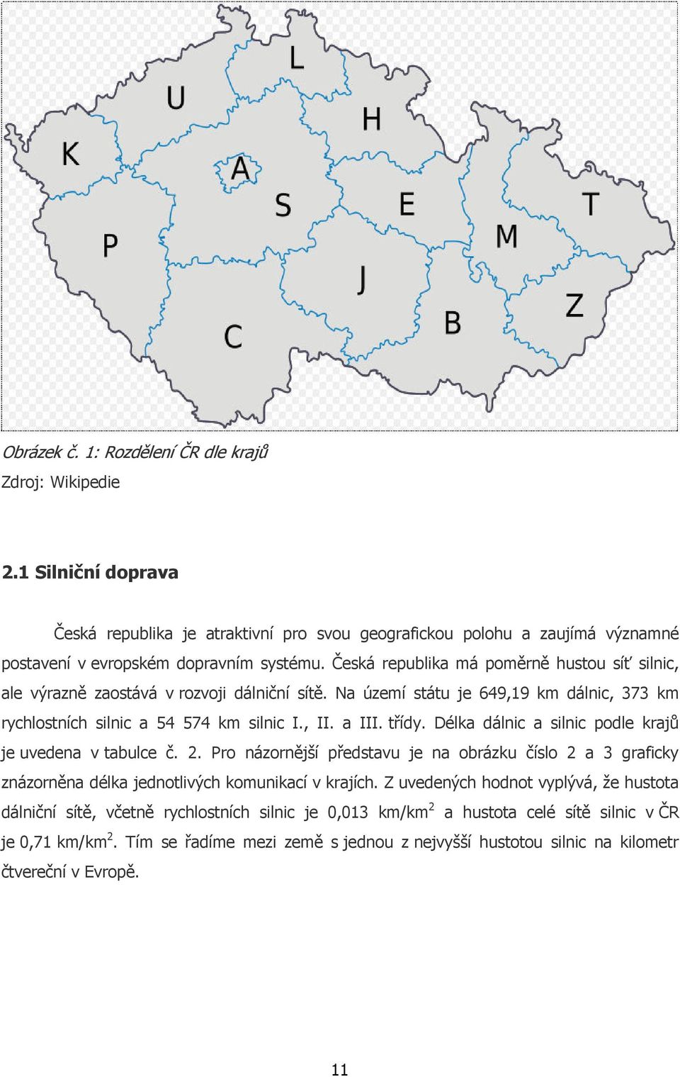 Délka dálnic a silnic podle krajů je uvedena v tabulce č. 2. Pro názornější představu je na obrázku číslo 2 a 3 graficky znázorněna délka jednotlivých komunikací v krajích.
