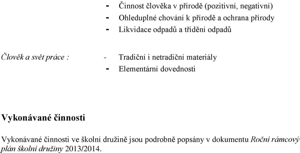 netradiční materiály - Elementární dovednosti Vykonávané činnosti Vykonávané činnosti ve