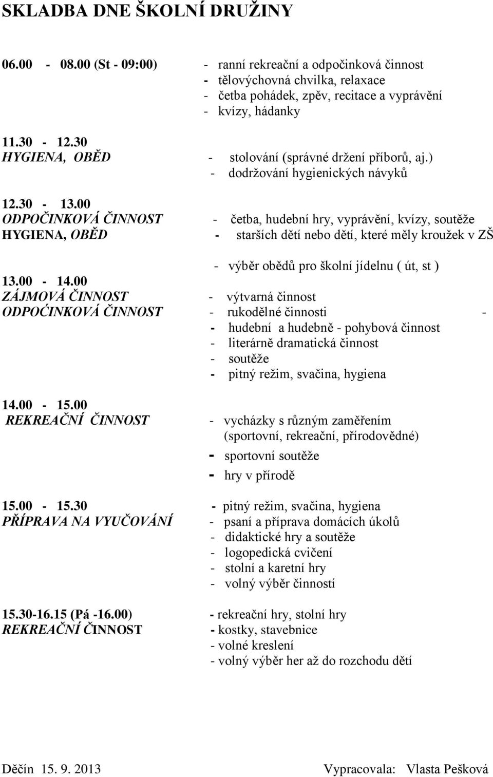 00 ODPOČINKOVÁ ČINNOST - četba, hudební hry, vyprávění, kvízy, soutěže HYGIENA, OBĚD - starších dětí nebo dětí, které měly kroužek v ZŠ - výběr obědů pro školní jídelnu ( út, st ) 13.00-14.