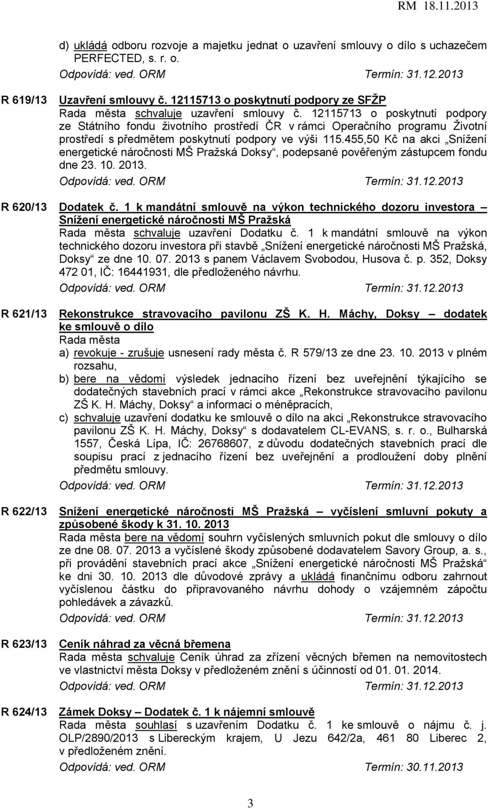 455,50 Kč na akci Snížení energetické náročnosti MŠ Pražská Doksy, podepsané pověřeným zástupcem fondu dne 23. 10. 2013. R 620/13 Dodatek č.