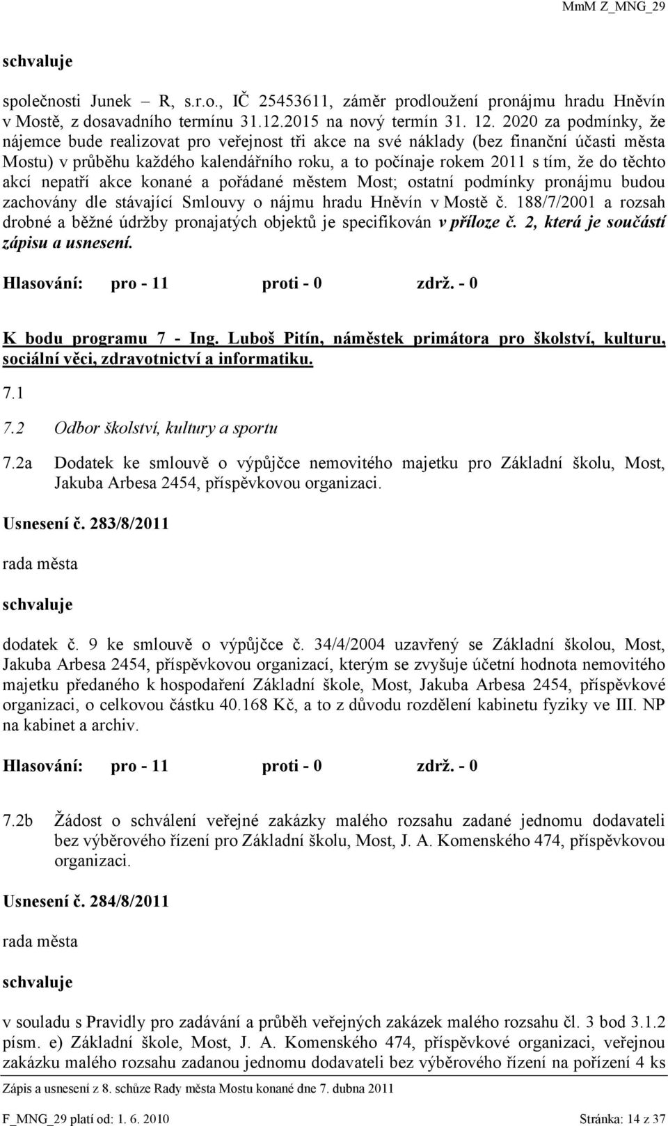 akcí nepatří akce konané a pořádané městem Most; ostatní podmínky pronájmu budou zachovány dle stávající Smlouvy o nájmu hradu Hněvín v Mostě č.