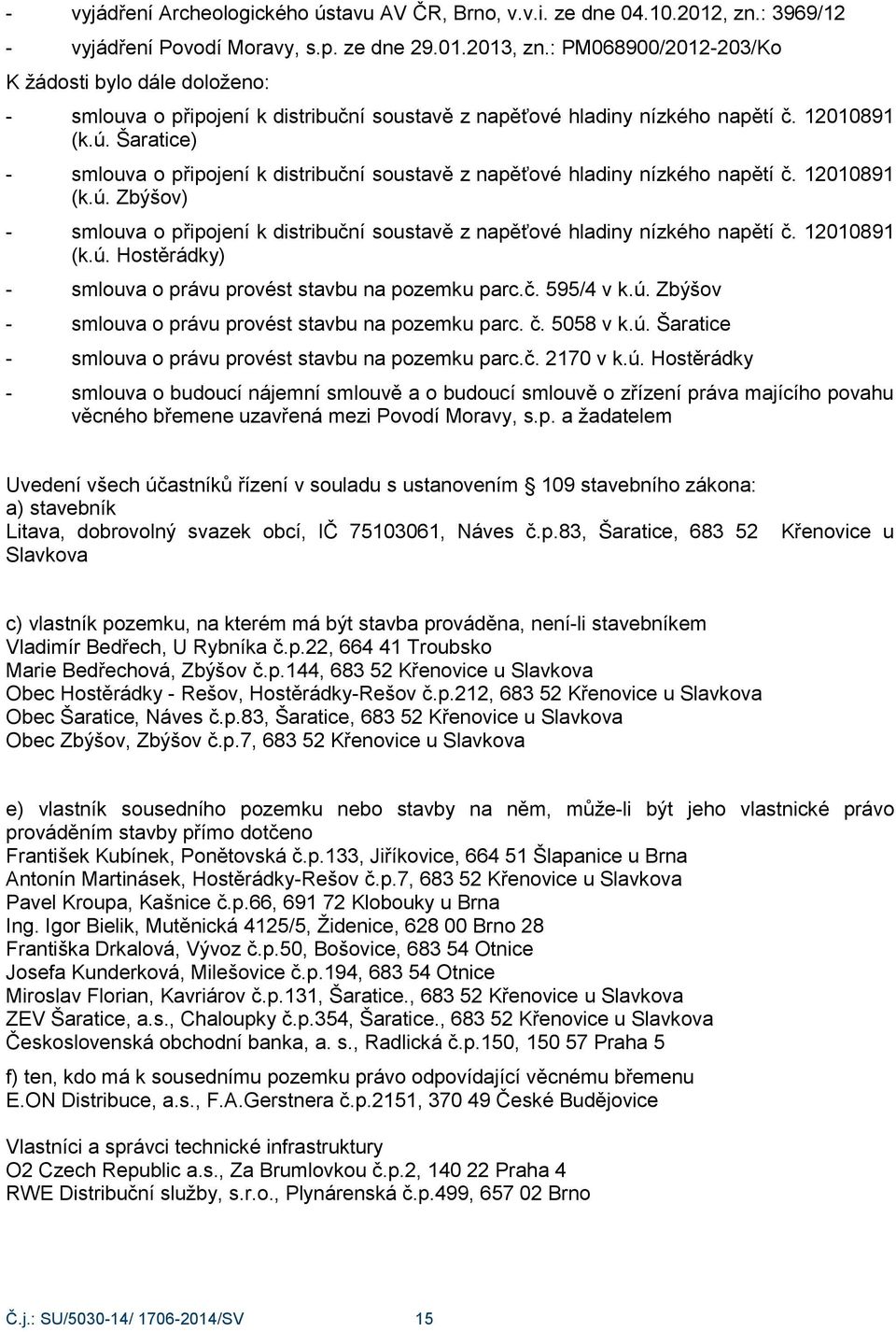 Šaratice) - smlouva o připojení k distribuční soustavě z napěťové hladiny nízkého napětí č. 12010891 (k.ú. Zbýšov) - smlouva o připojení k distribuční soustavě z napěťové hladiny nízkého napětí č.