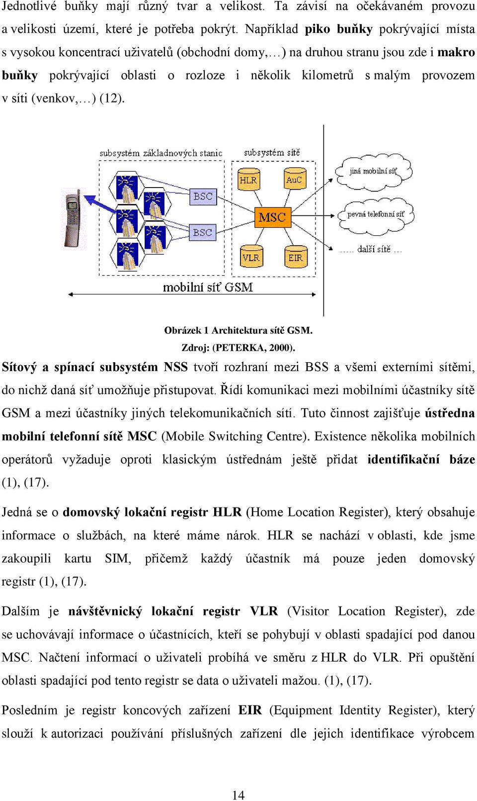 síti (venkov, ) (12). Obrázek 1 Architektura sítě GSM. Zdroj: (PETERKA, 2000). Sítový a spínací subsystém NSS tvoří rozhraní mezi BSS a všemi externími sítěmi, do nichţ daná síť umoţňuje přistupovat.