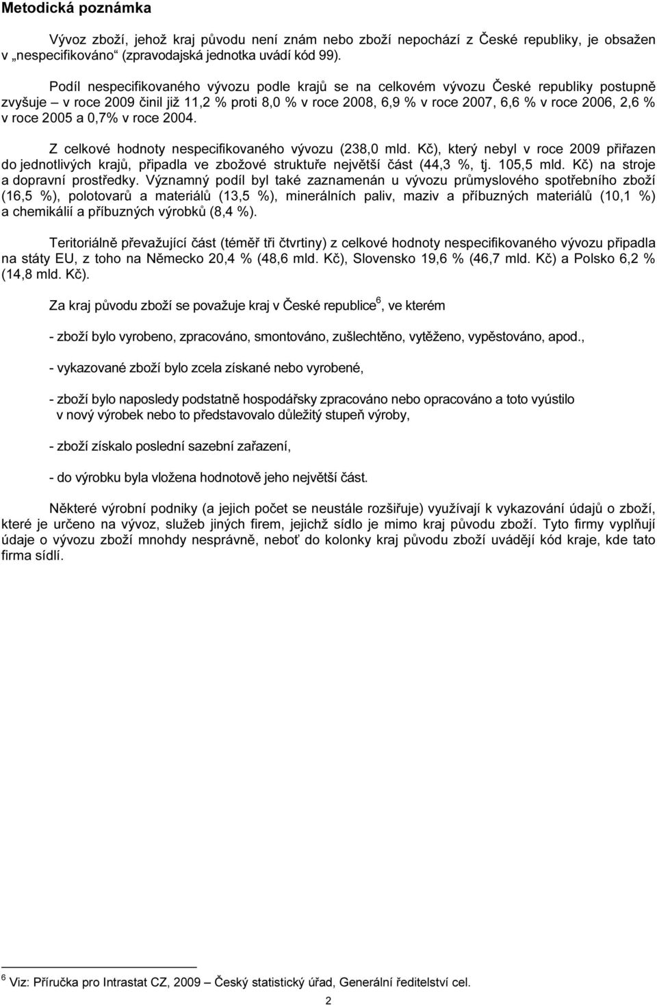 0,7% v roce 2004. Z celkové hodnoty nespecifikovaného (238,0 mld. Kč), který nebyl v roce 2009 přiřazen do jednotlivých krajů, připadla ve zbožové struktuře největší část (44,3 %, tj. 105,5 mld.