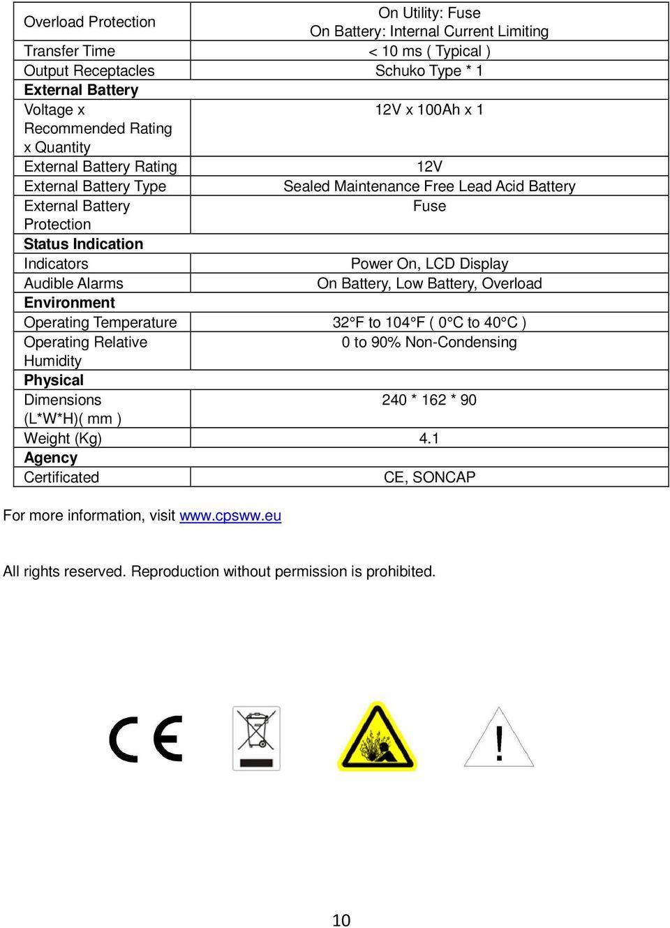 On, LCD Display Audible Alarms On Battery, Low Battery, Overload Environment Operating Temperature 32 F to 104 F ( 0 C to 40 C ) Operating Relative 0 to 90% Non-Condensing Humidity Physical