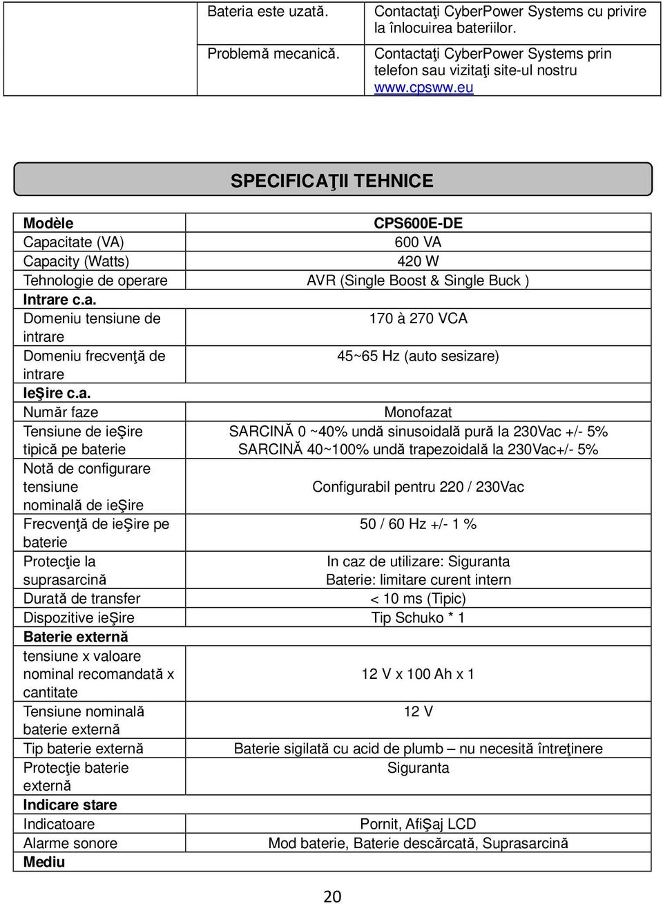 a. Număr faze Monofazat Tensiune de ieşire SARCINĂ 0 ~40% undă sinusoidală pură la 230Vac +/- 5% tipică pe baterie SARCINĂ 40~100% undă trapezoidală la 230Vac+/- 5% Notă de configurare tensiune