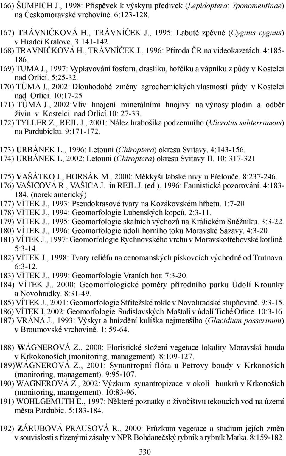 , 1997: Vyplavování fosforu, draslíku, hořčíku a vápníku z půdy v Kostelci nad Orlicí. 5:25-32. 170) TŮMA J., 2002: Dlouhodobé změny agrochemických vlastností půdy v Kostelci nad Orlicí.