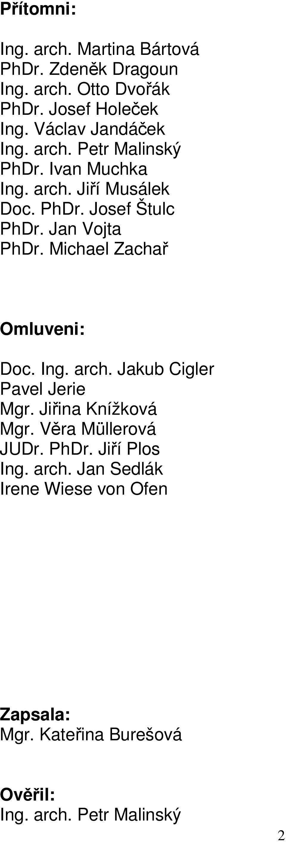 Jan Vojta PhDr. Michael Zachař Omluveni: Doc. Ing. arch. Jakub Cigler Pavel Jerie Mgr. Jiřina Knížková Mgr.