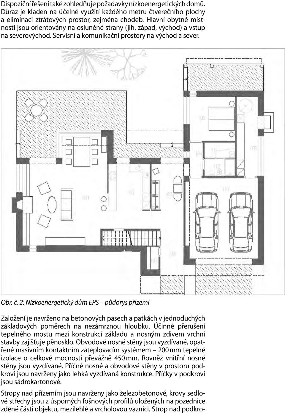 2: Nízkoenergetický dům EPS půdorys přízemí Založení je navrženo na betonových pasech a patkách v jednoduchých základových poměrech na nezámrznou hloubku.