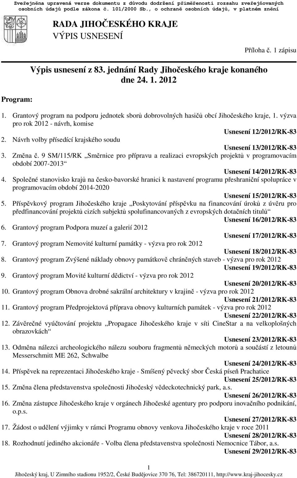Grantový program na podporu jednotek sborů dobrovolných hasičů obcí Jihočeského kraje, 1. výzva pro rok 2012 - návrh, komise Usnesení 12/2012/RK-83 2.