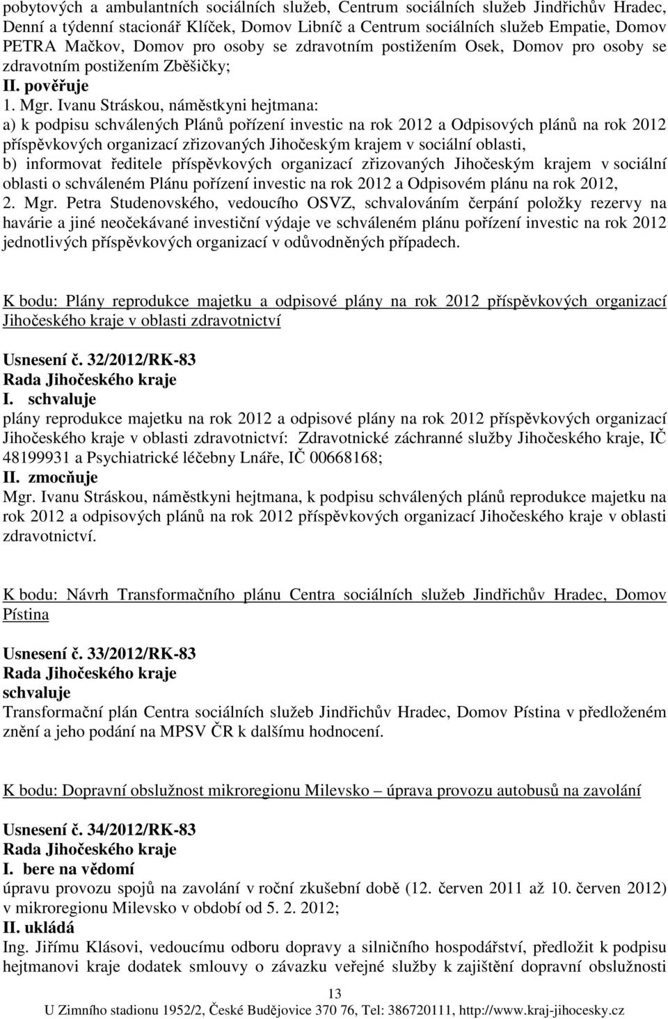Ivanu Stráskou, náměstkyni hejtmana: a) k podpisu schválených Plánů pořízení investic na rok 2012 a Odpisových plánů na rok 2012 příspěvkových organizací zřizovaných Jihočeským krajem v sociální