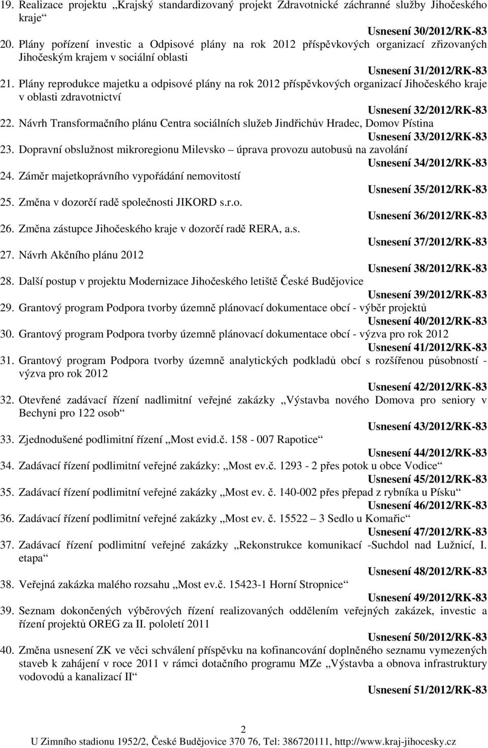 Plány reprodukce majetku a odpisové plány na rok 2012 příspěvkových organizací Jihočeského kraje v oblasti zdravotnictví Usnesení 32/2012/RK-83 22.