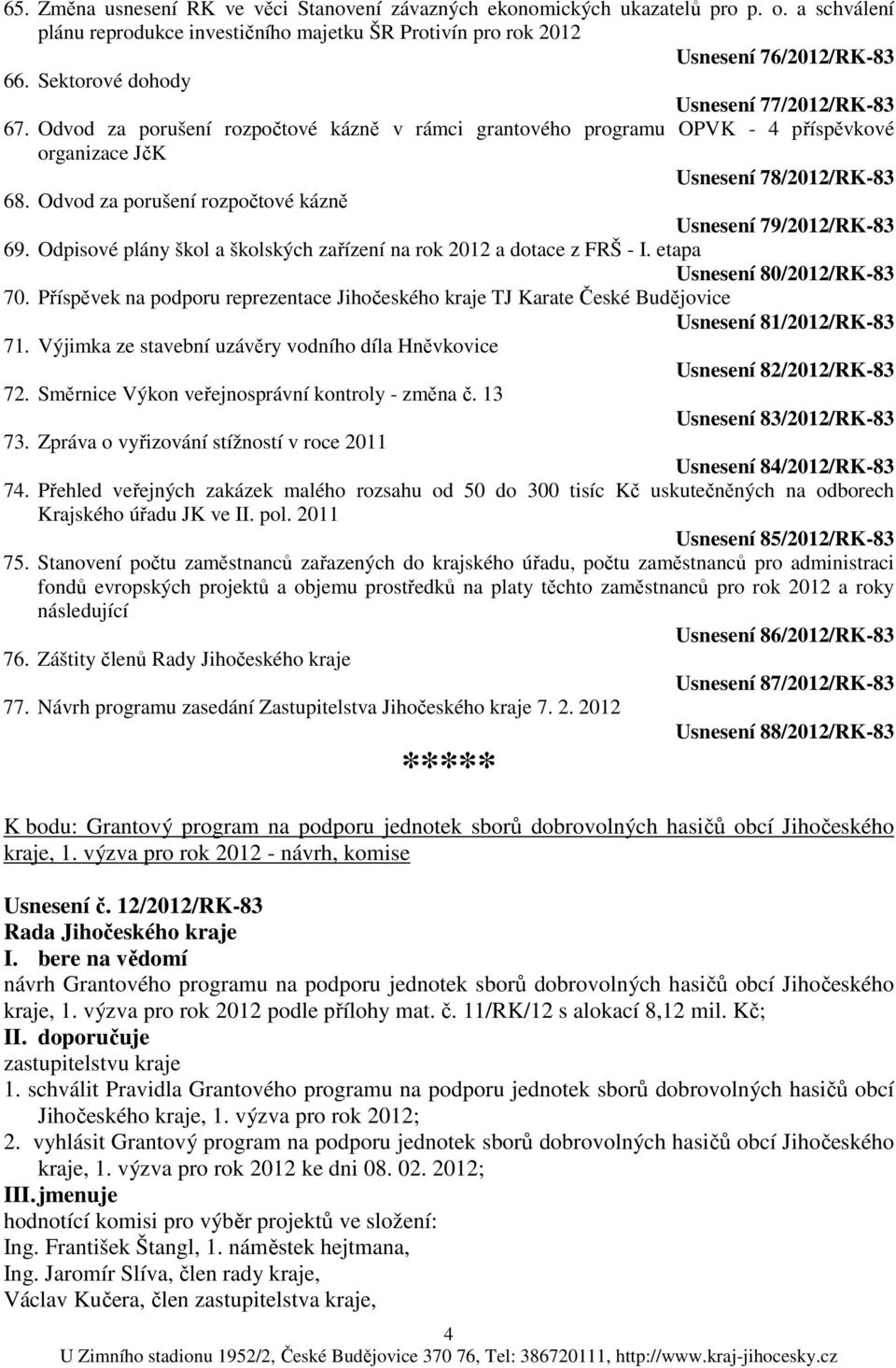 Odvod za porušení rozpočtové kázně Usnesení 79/2012/RK-83 69. Odpisové plány škol a školských zařízení na rok 2012 a dotace z FRŠ - I. etapa Usnesení 80/2012/RK-83 70.