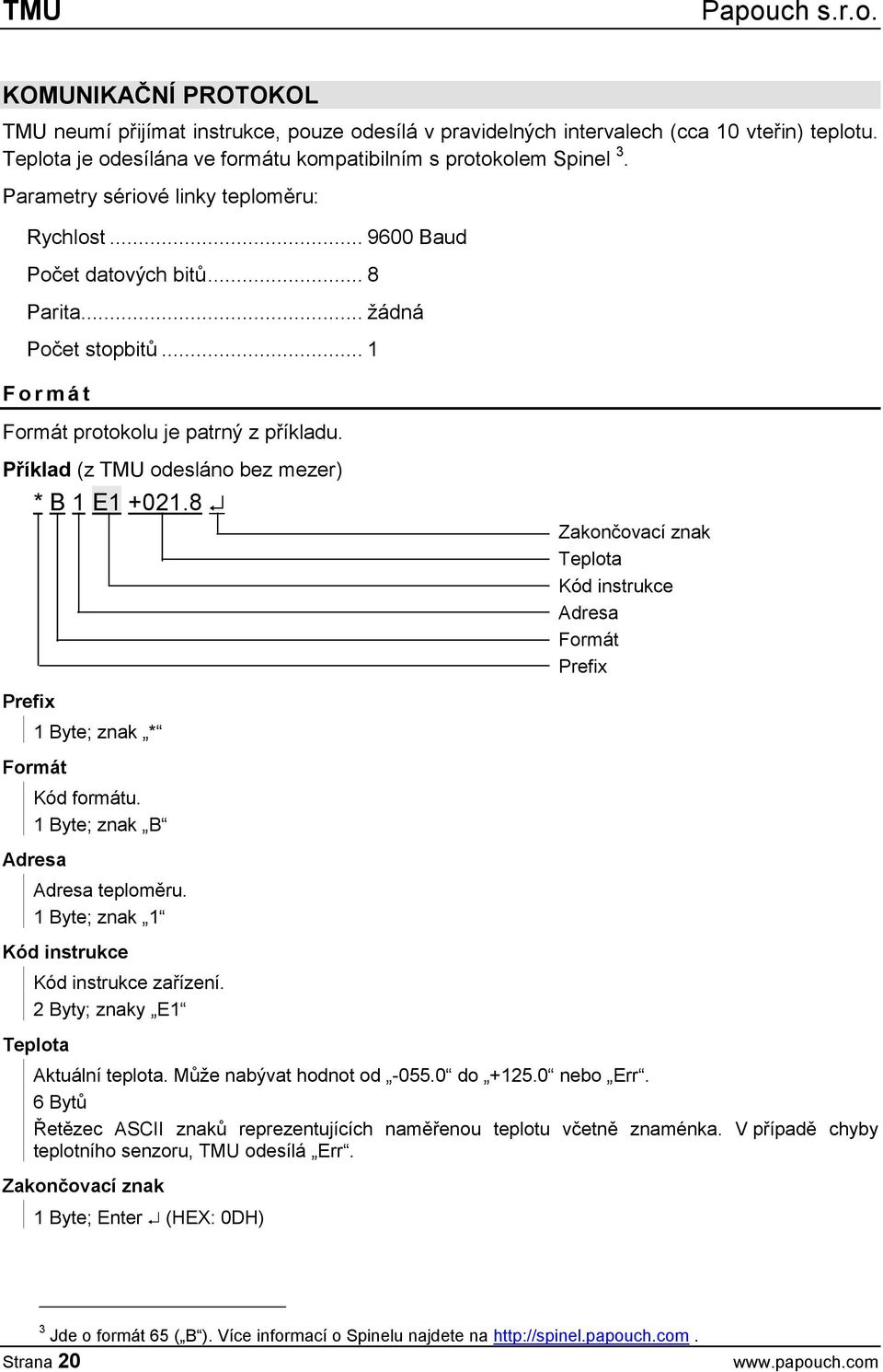 Příklad (z odesláno bez mezer) * B 1 E1 +021.8 Prefix 1 Byte; znak * Formát Kód formátu. 1 Byte; znak B Adresa Adresa teploměru. 1 Byte; znak 1 Kód instrukce Kód instrukce zařízení.