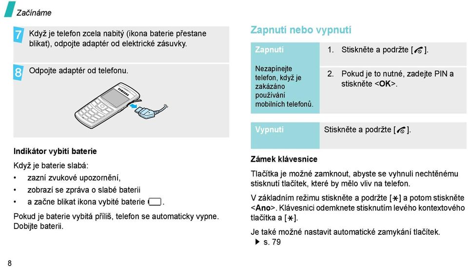 Indikátor vybití baterie Když je baterie slabá: zazní zvukové upozornění, zobrazí se zpráva o slabé baterii a začne blikat ikona vybité baterie.