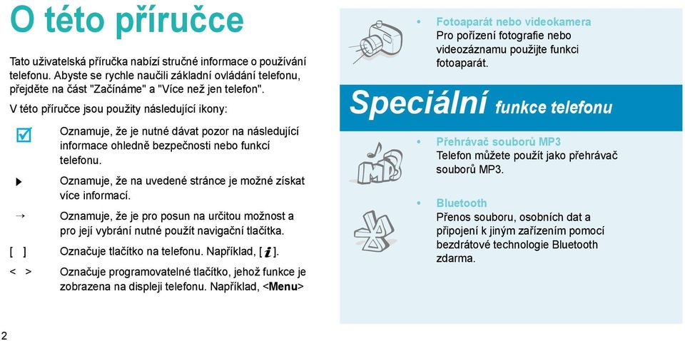 Oznamuje, že na uvedené stránce je možné získat více informací. Oznamuje, že je pro posun na určitou možnost a pro její vybrání nutné použít navigační tlačítka. [ ] Označuje tlačítko na telefonu.