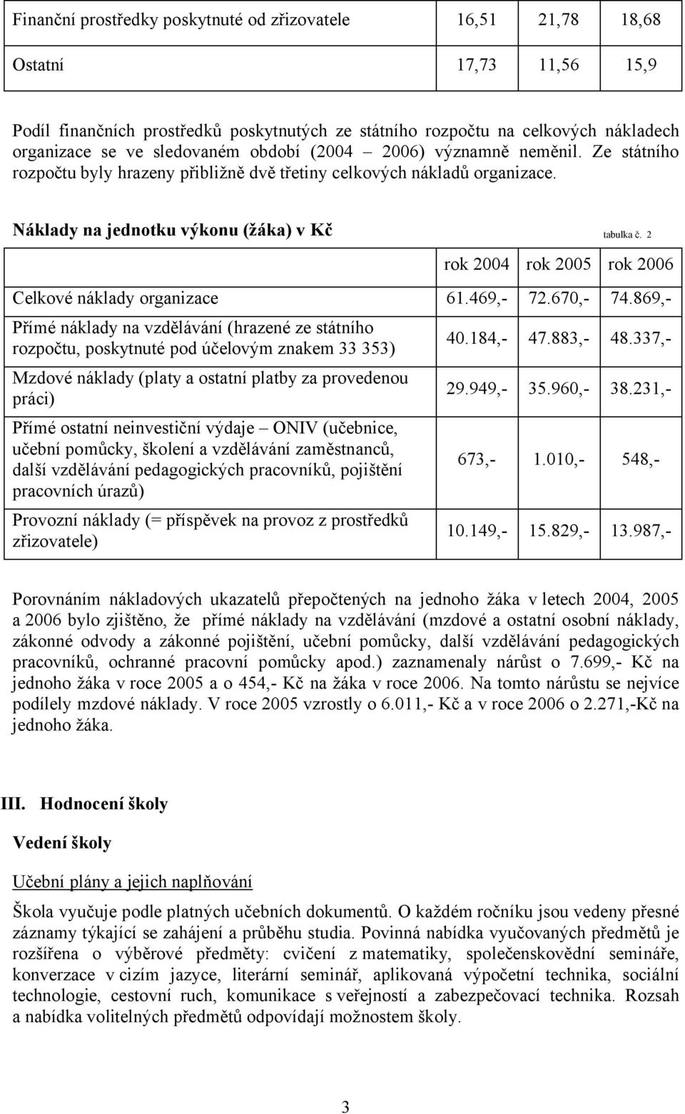 2 rok 2004 rok 2005 rok 2006 Celkové náklady organizace 61.469,- 72.670,- 74.