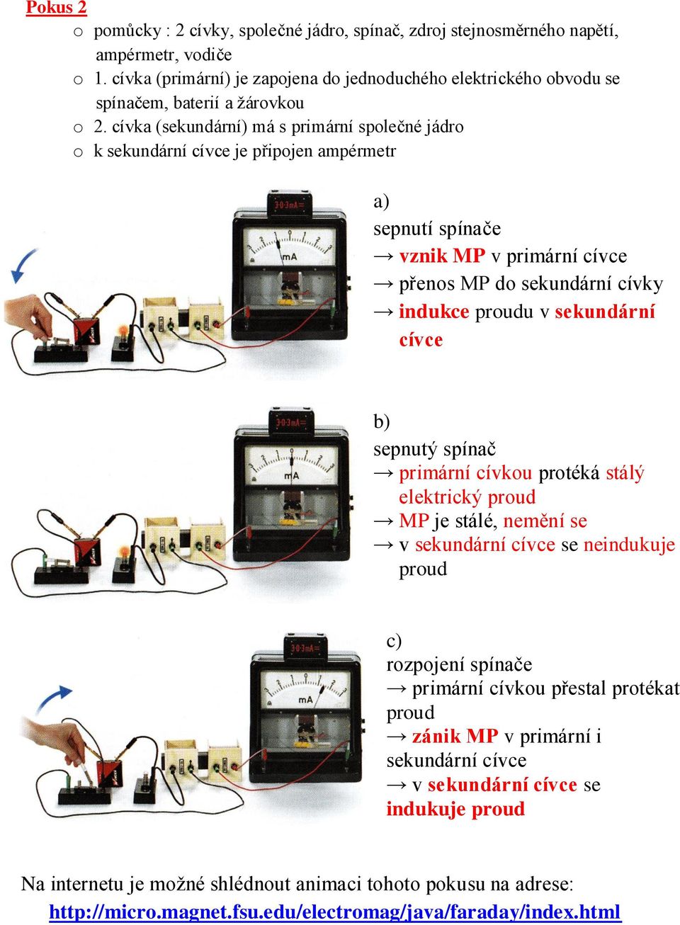 cívka (sekundární) má s primární společné jádro o k sekundární cívce je připojen ampérmetr a) sepnutí spínače vznik MP v primární cívce přenos MP do sekundární cívky indukce proudu v sekundární cívce