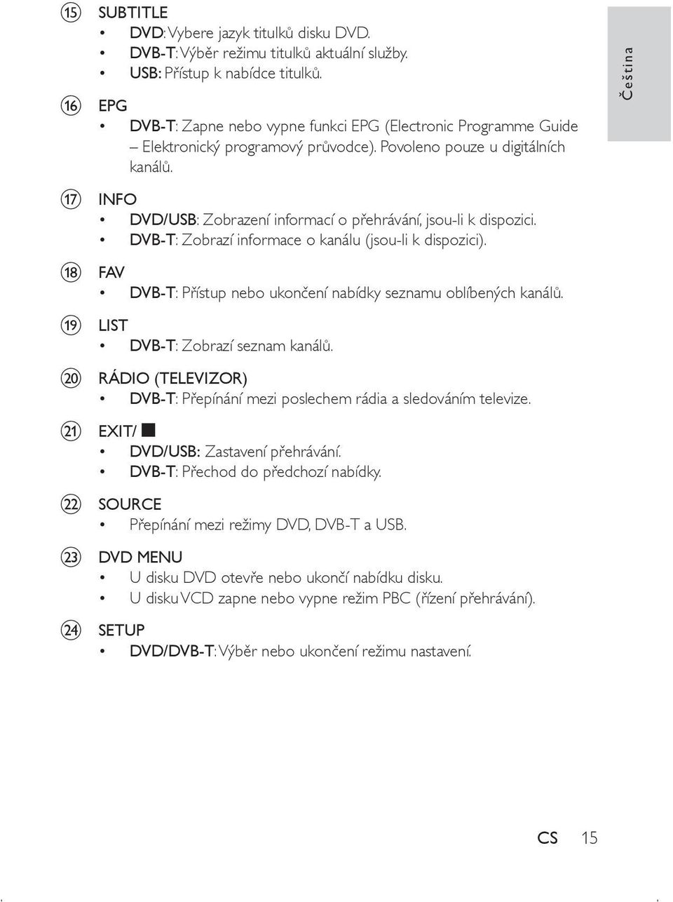 q INFO DVD/USB: Zobrazení informací o přehrávání, jsou-li k dispozici. DVB-T: Zobrazí informace o kanálu (jsou-li k dispozici). r FAV DVB-T: Přístup nebo ukončení nabídky seznamu oblíbených kanálů.