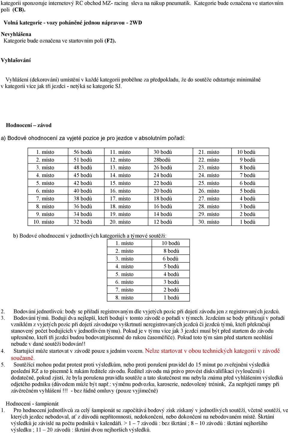 Vyhlašování Vyhlášení (dekorování) umístění v každé kategorii proběhne za předpokladu, že do soutěže odstartuje minimálně v kategorii více jak tři jezdci - netýká se kategorie SJ.