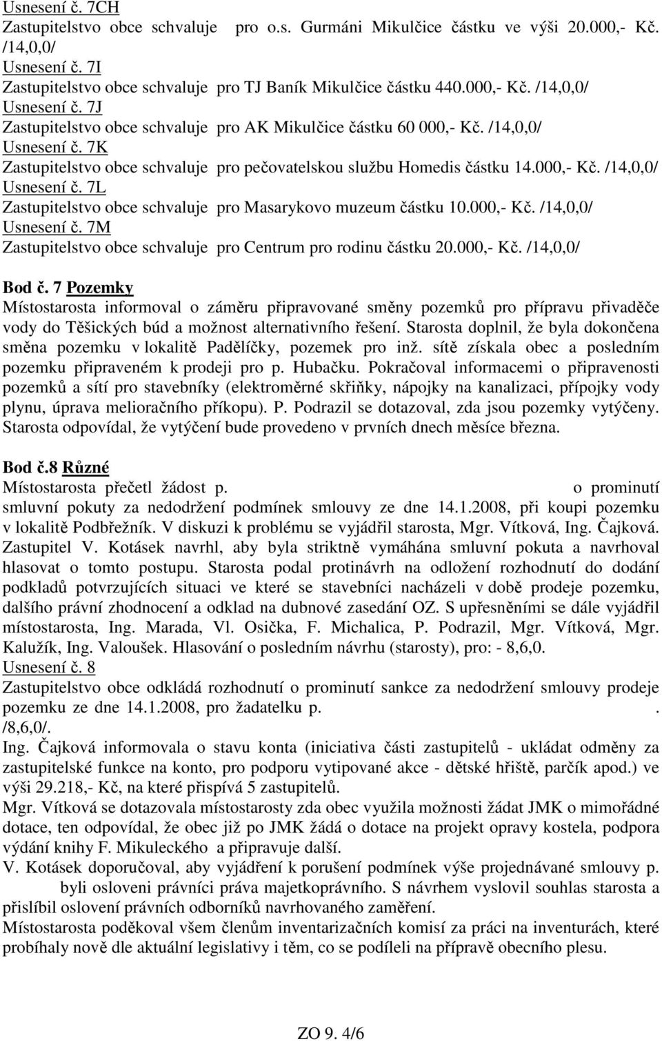 000,- Kč. /14,0,0/ Usnesení č. 7M Zastupitelstvo obce schvaluje pro Centrum pro rodinu částku 20.000,- Kč. /14,0,0/ Bod č.