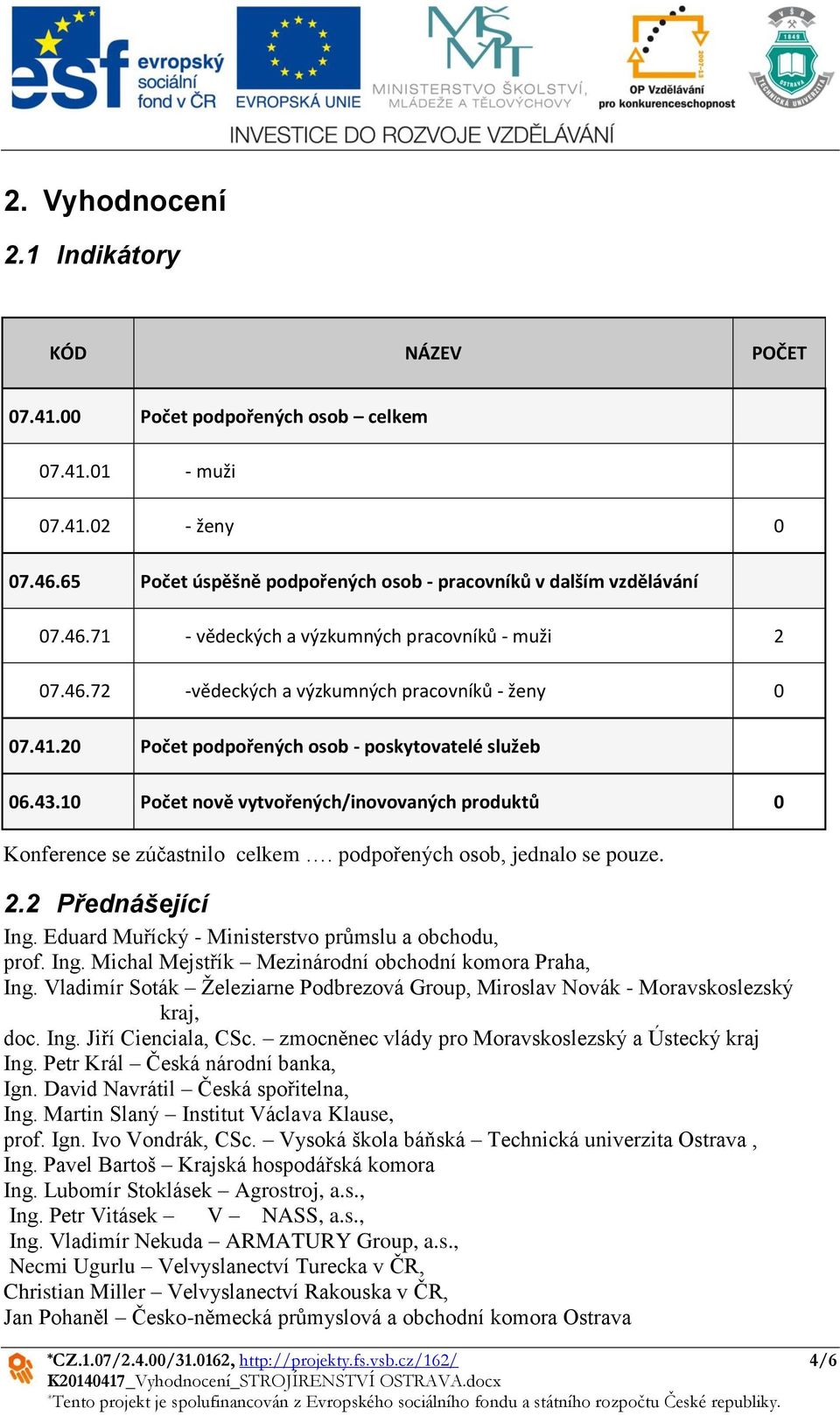 podpořených osob, jednalo se pouze. 2.2 Přednášející Ing. Eduard Muřícký - Ministerstvo průmslu a obchodu, prof. Ing. Michal Mejstřík Mezinárodní obchodní komora Praha, Ing.