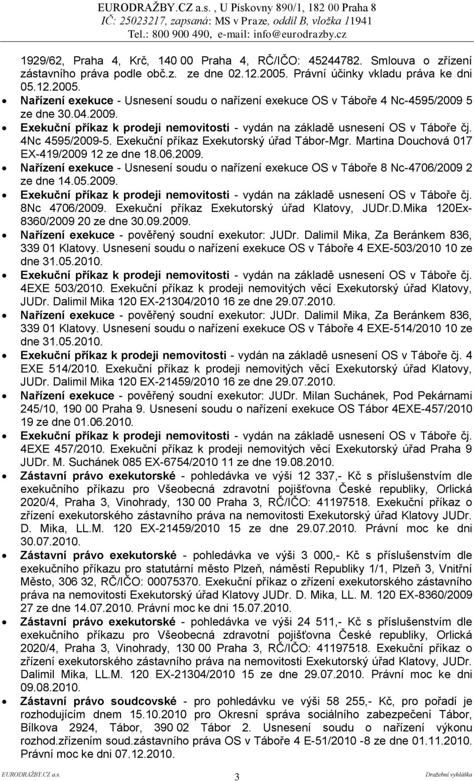 5 ze dne 30.04.2009. Exekuční příkaz k prodeji nemovitosti - vydán na základě usnesení OS v Táboře čj. 4Nc 4595/2009-5. Exekuční příkaz Exekutorský úřad Tábor-Mgr.