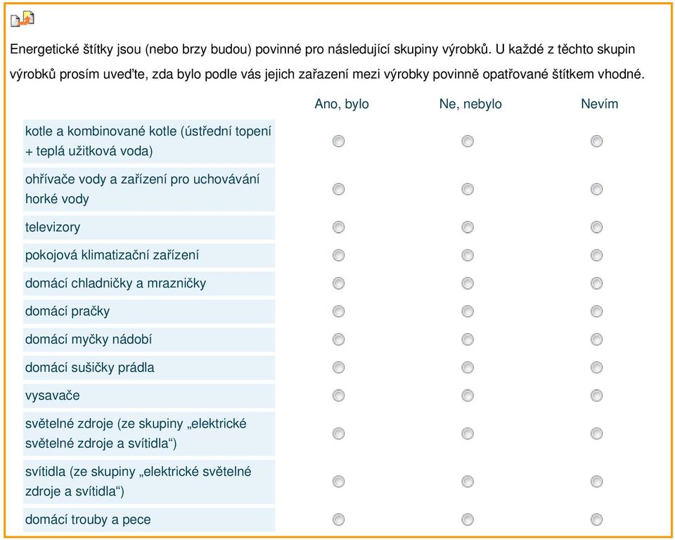 Ano, bylo Ne, nebylo Nevím kotle a kombinované kotle (ústřední topení + teplá užitková voda) ohřívače vody a zařízení pro uchovávání horké vody televizory