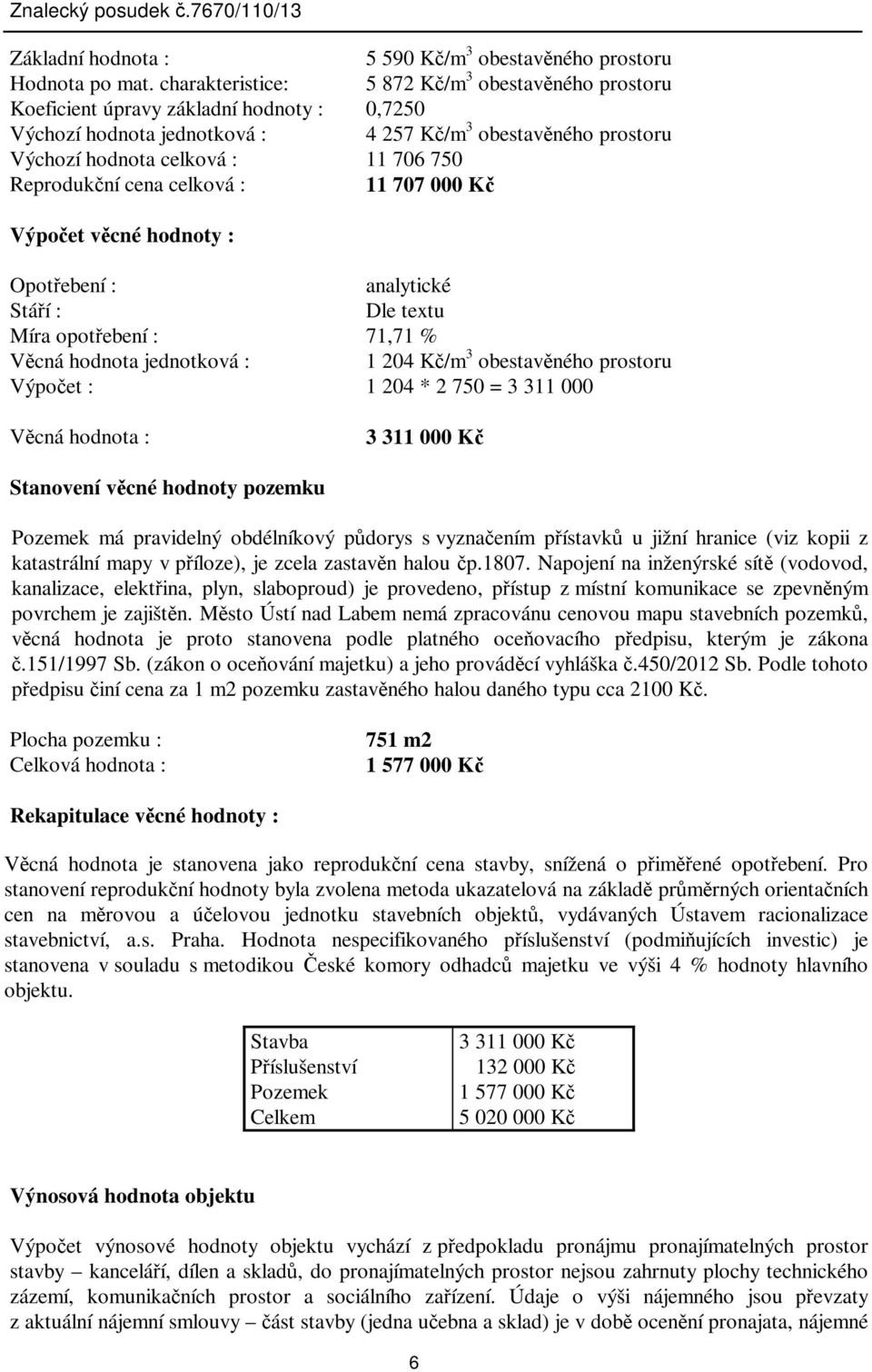 Reprodukní cena celková : 11 707 000 K Výpoet vcné hodnoty : Opotebení : analytické Stáí : Dle textu Míra opotebení : 71,71 % Vcná hodnota jednotková : 1 204 K/m 3 obestavného prostoru Výpoet : 1 204