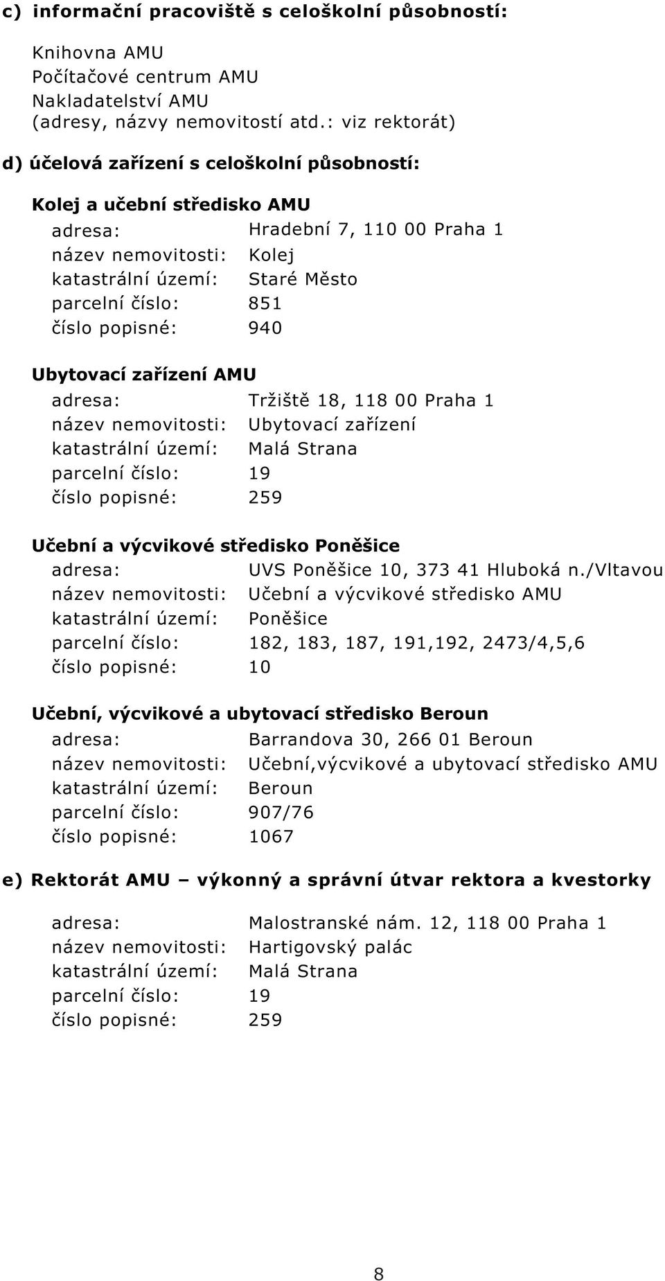 íslo popisné: 940 Ubytovací za ízení AMU adresa: Tržišt 18, 118 00 Praha 1 název nemovitosti: Ubytovací za ízení katastrální území: Malá Strana parcelní íslo: 19 íslo popisné: 259 U ební a výcvikové