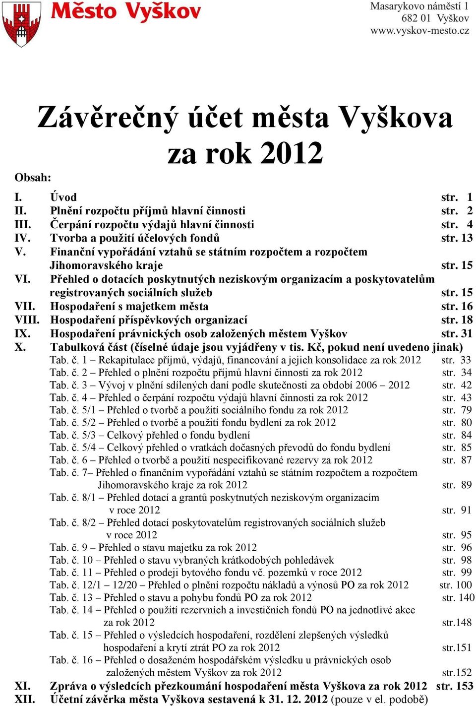 Přehled o dotacích poskytnutých neziskovým organizacím a poskytovatelům registrovaných sociálních služeb str. 15 VII. Hospodaření s majetkem města str. 16 VIII.