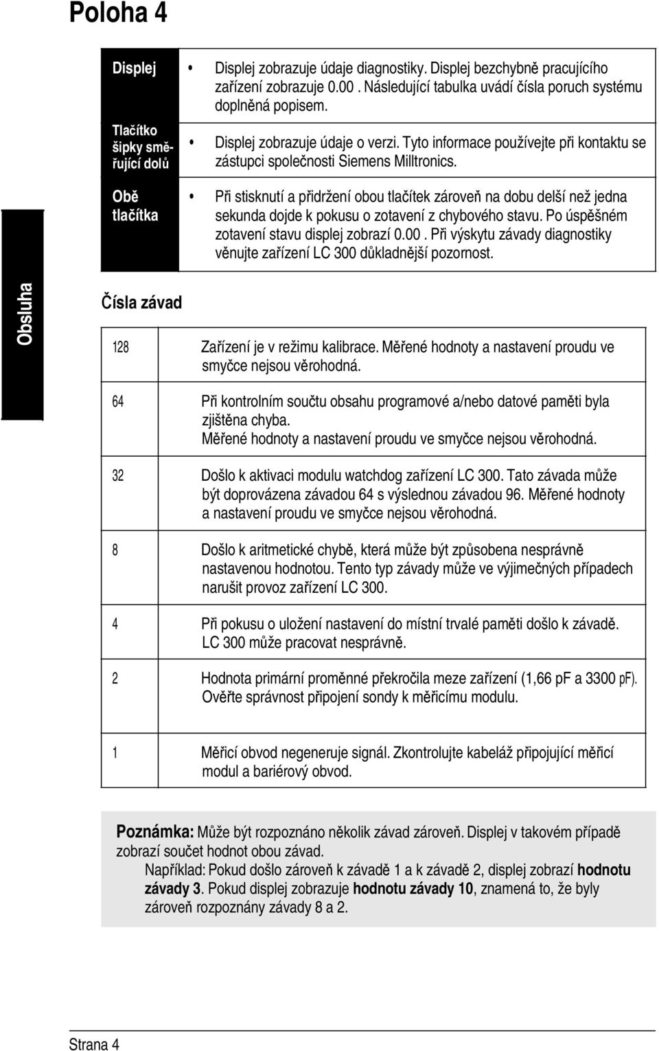 Při stisknutí a přidržení obou tlačítek zároveň na dobu delší než jedna sekunda dojde k pokusu o zotavení z chybového stavu. Po úspěšném zotavení stavu displej zobrazí 0.00.