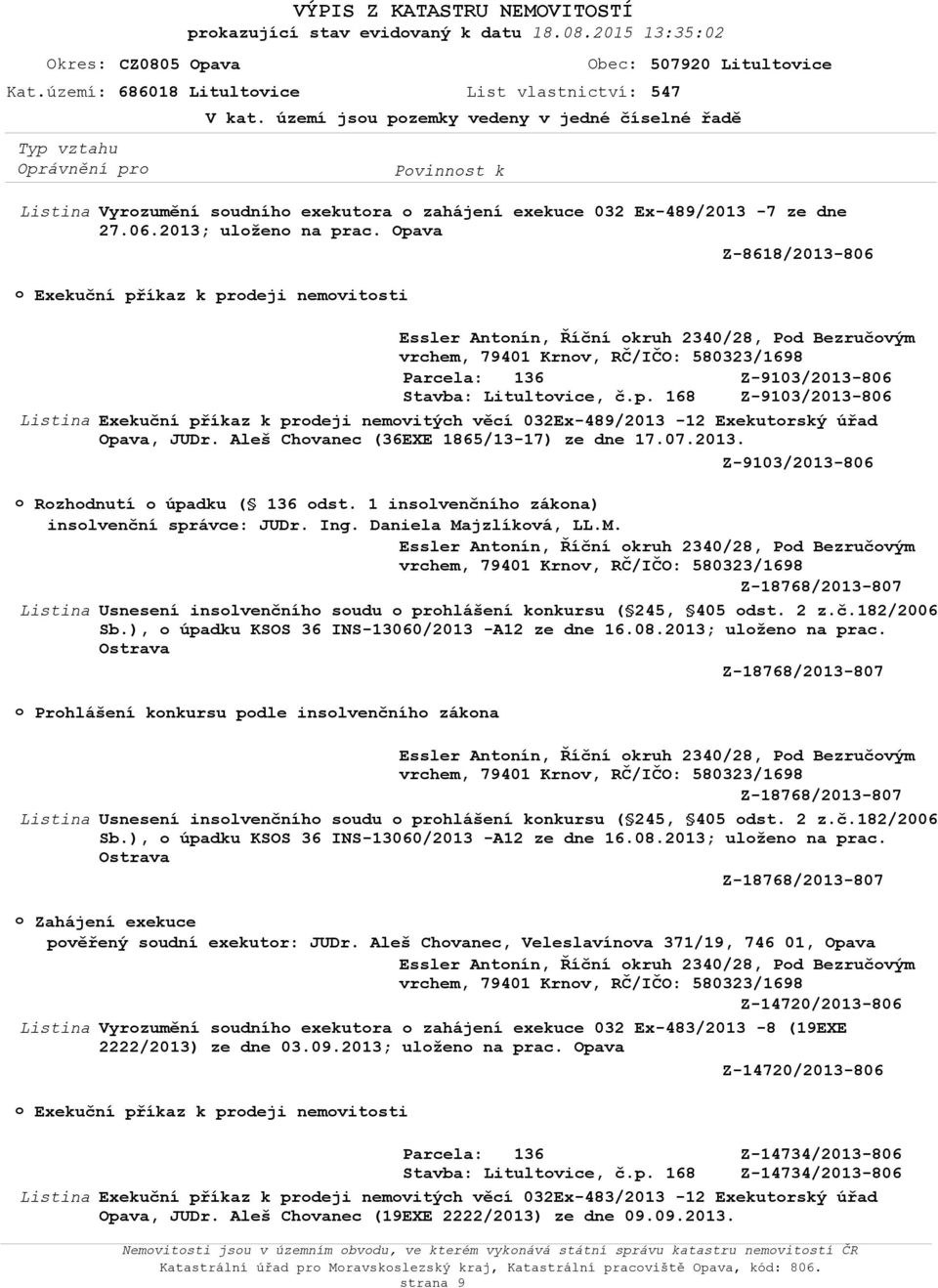 Opava Z-8618/2013-806 Exekuční příkaz k prdeji nemvitsti Essler Antnín, Říční kruh 2340/28, Pd Bezručvým vrchem, 79401 Krnv, RČ/IČO: 580323/1698 Z-9103/2013-806 Stavba: Litultvice, č.p. 168 Z-9103/2013-806 Exekuční příkaz k prdeji nemvitých věcí 032Ex-489/2013-12 Exekutrský úřad Opava, JUDr.
