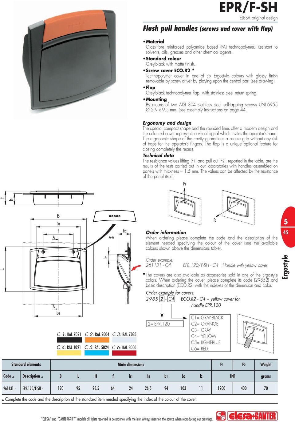 Fa Grey-back tecnooymer a, wit stainess stee return sring. Mounting y means o two AISI 30 stainess stee se-taing screws UNI 6955 Ø 2.9 x 9.5 mm. See assemby instructions on age.