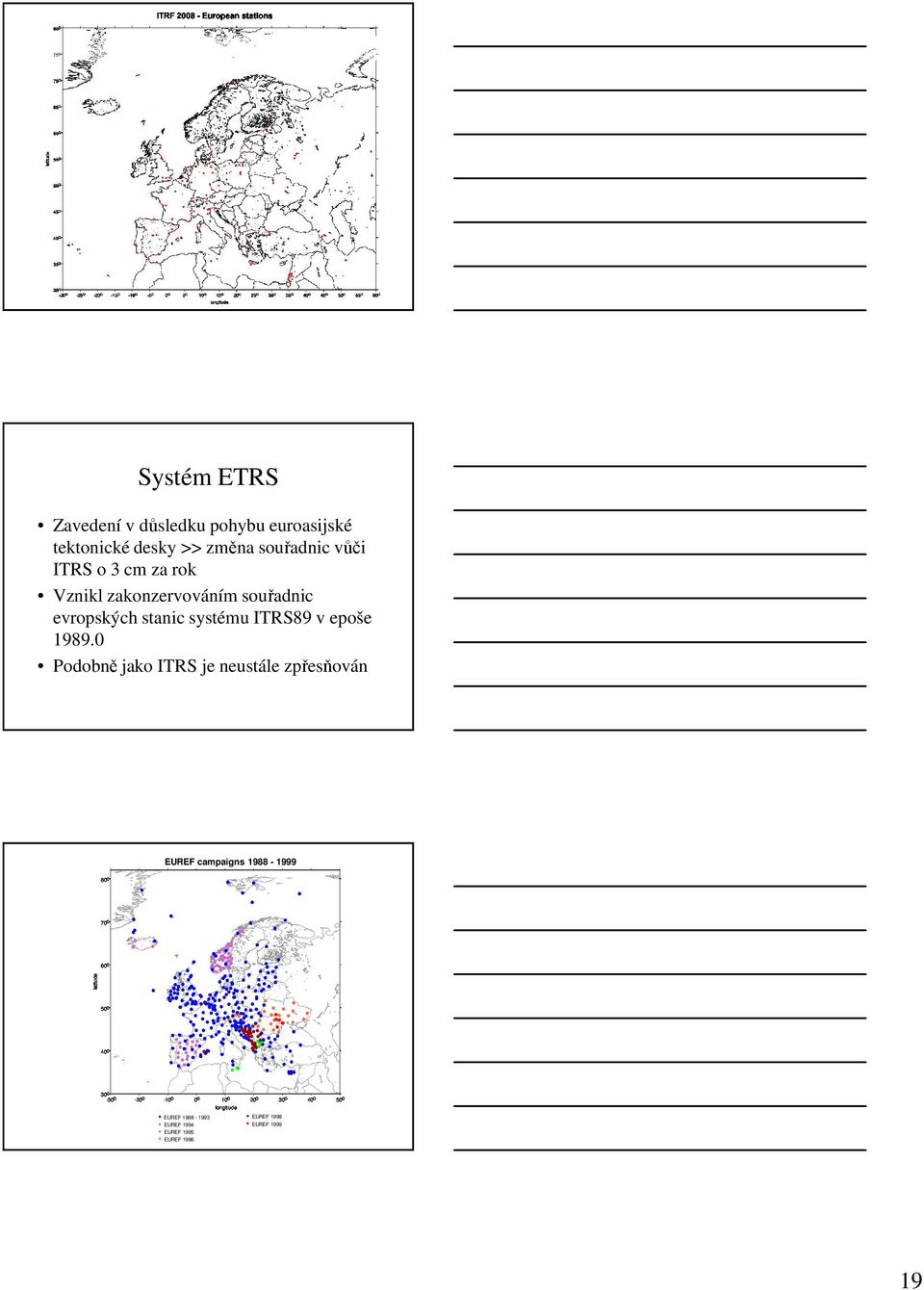 0 Podobně jako ITRS je neustále zpřesňován 80 o EUREF campaigns 1988-1999 70 o 60 o latitude 50 o 40 o