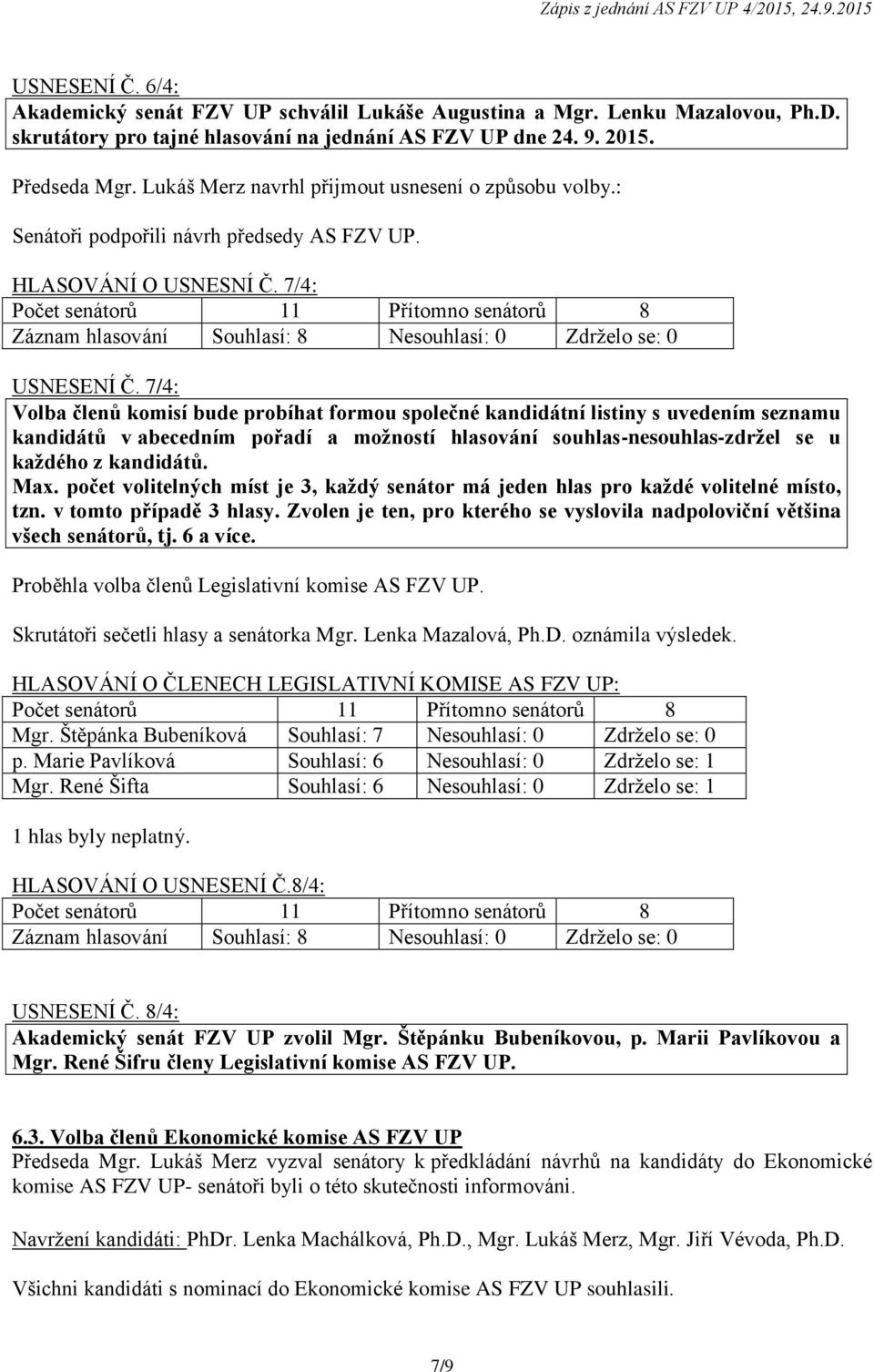 7/4: Volba členů komisí bude probíhat formou společné kandidátní listiny s uvedením seznamu kandidátů v abecedním pořadí a možností hlasování souhlas-nesouhlas-zdržel se u každého z kandidátů. Max.