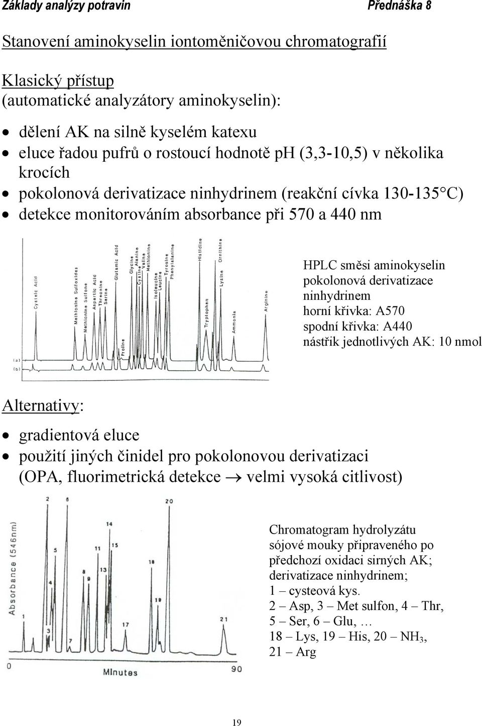 křivka: A570 spodní křivka: A440 nástřik jednotlivých AK: 10 nmol Alternativy: gradientová eluce použití jiných činidel pro pokolonovou derivatizaci (PA, fluorimetrická detekce velmi vysoká