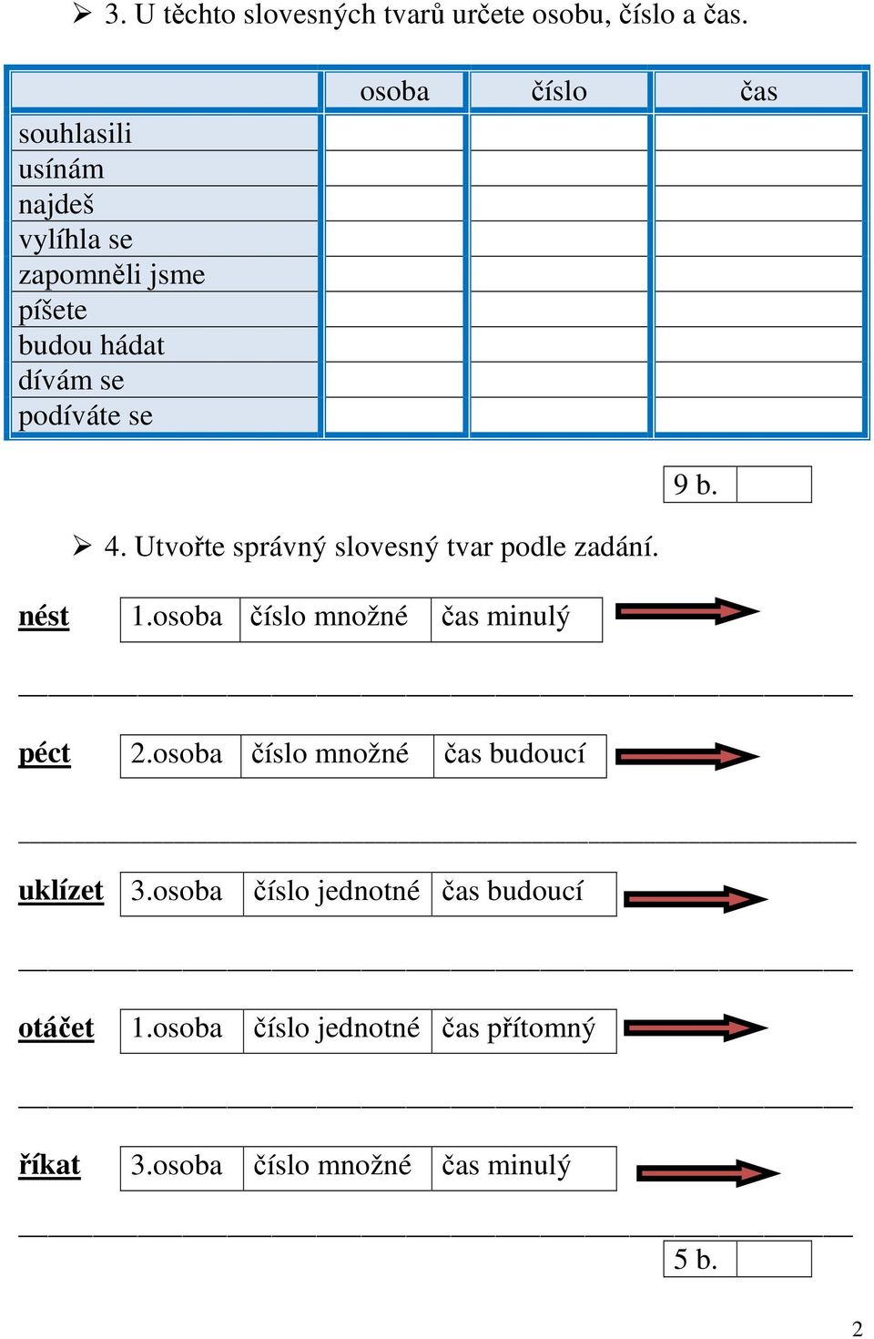 osoba číslo čas 9 b. 4. Utvořte správný slovesný tvar podle zadání. nést 1.